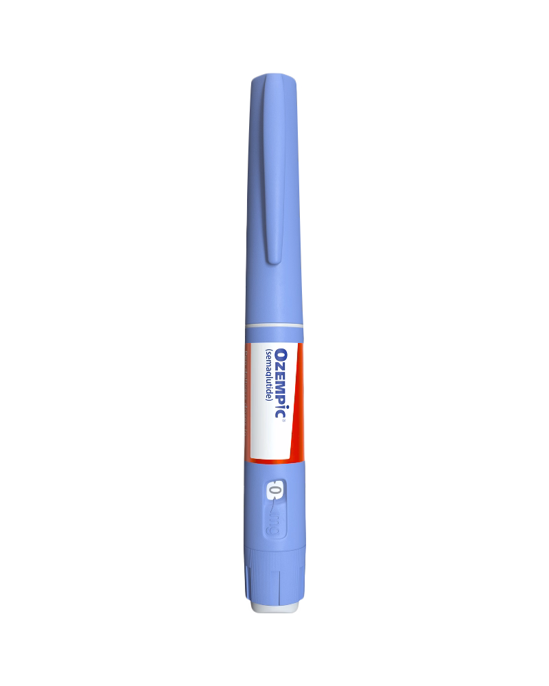 Front view of a light blue Ozempic (semaglutide) injection pen with a red-and-white label and a dose display window, shown against a light gray background.