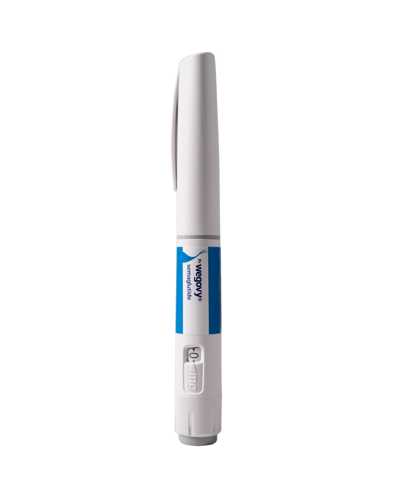 Front view of a light blue Ozempic (semaglutide) injection pen with a red-and-white label and a dose display window, shown against a light gray background.