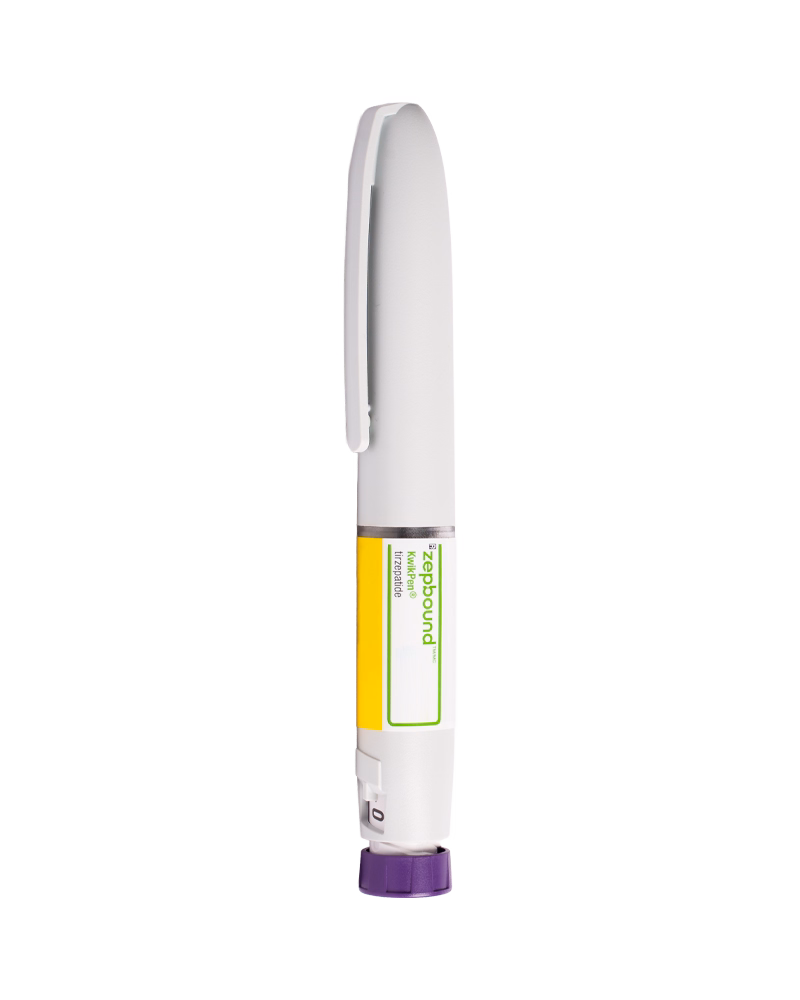 White Zeppbound injection pen with yellow label and purple dosage dial on white background.