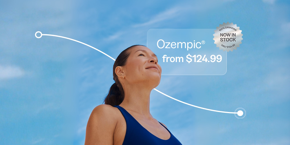 Woman in blue tank top looking up at the sky with Ozempic price $124.99 and stock badge.