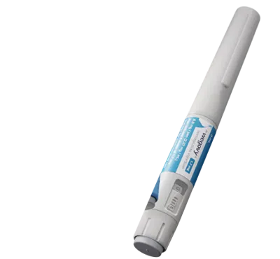 Close-up of a white and blue disposable insulin injector pen.