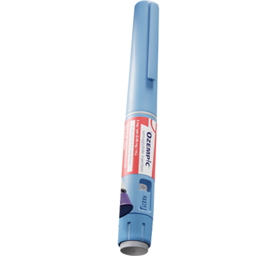 Blue Ozempic injection pen with dosage markings and label visible.