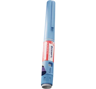 Blue Ozempic injection pen with dosage markings and label visible.