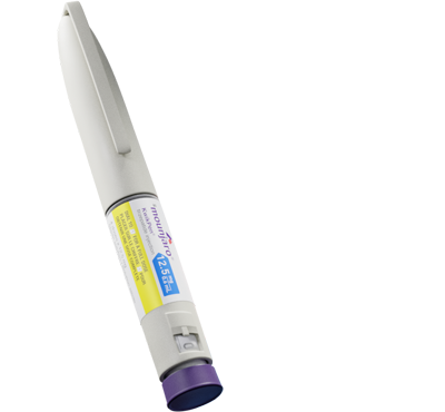 Close-up of a gray insulin pen with a purple dial and yellow label showing dosage details.