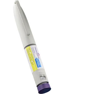 Close-up of a gray insulin pen with a purple dial and yellow label showing dosage details.