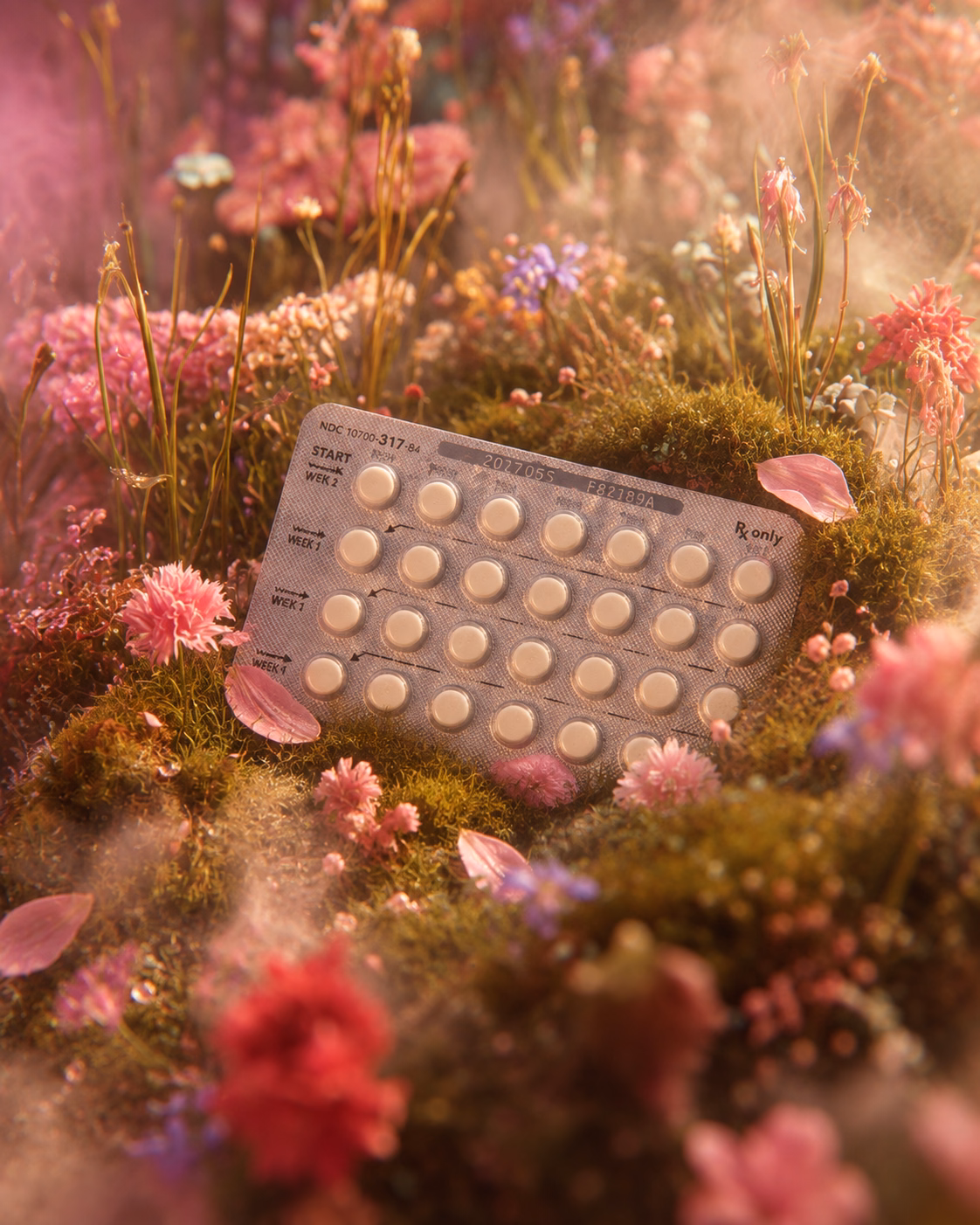 Soft-focus pink, red and purple wildflowers seen through textured glass, a calming backdrop for women's health content