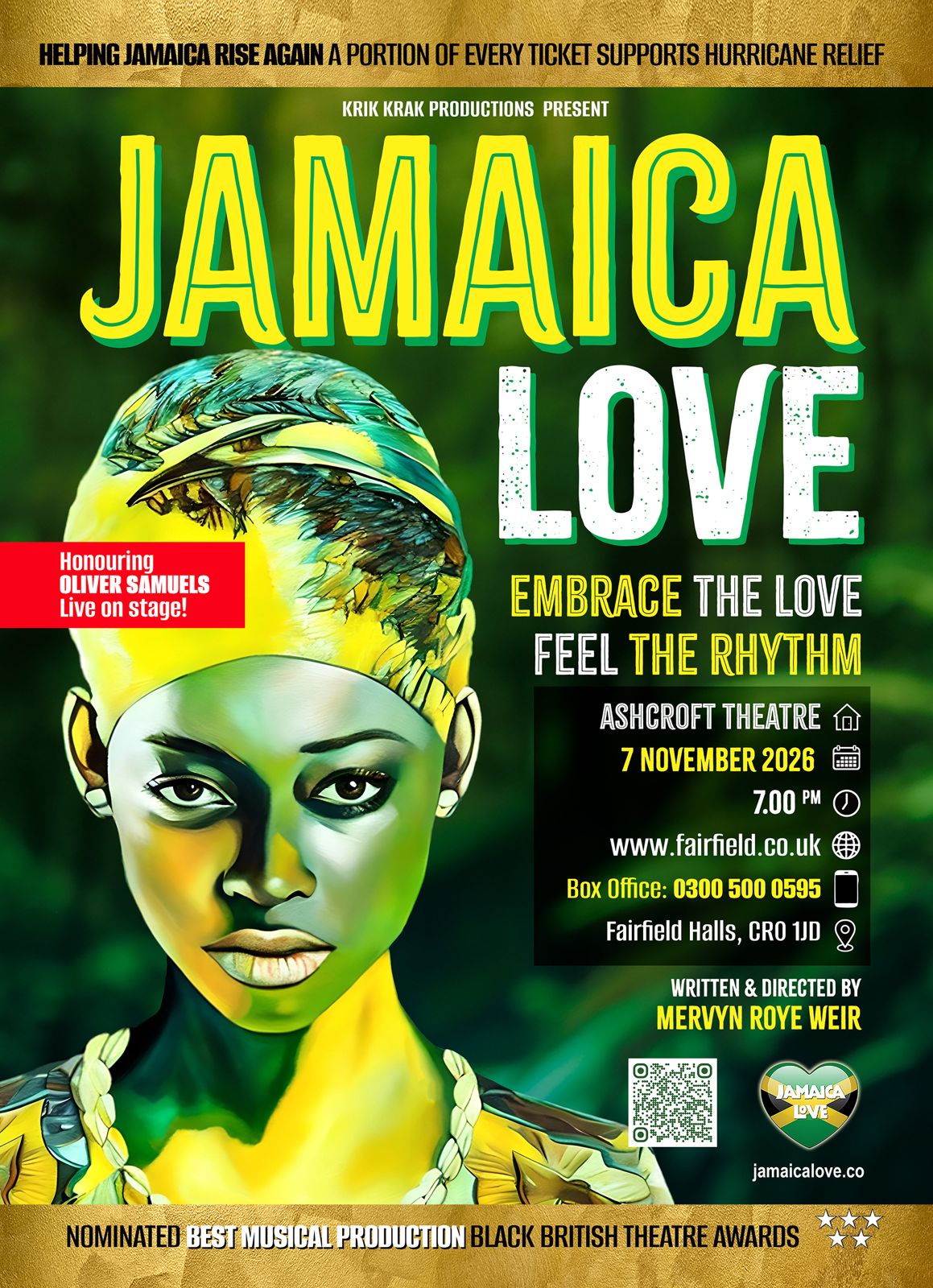 Jamaica Love flyer: a special evening honouring Jamaican theatre legend Oliver Samuels, live in person on 7 November