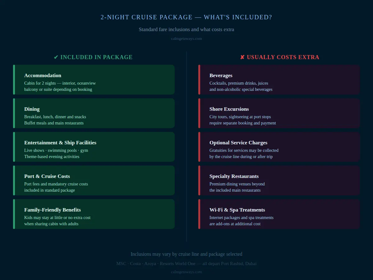 2-night Dubai cruise package — what is included and what costs extra