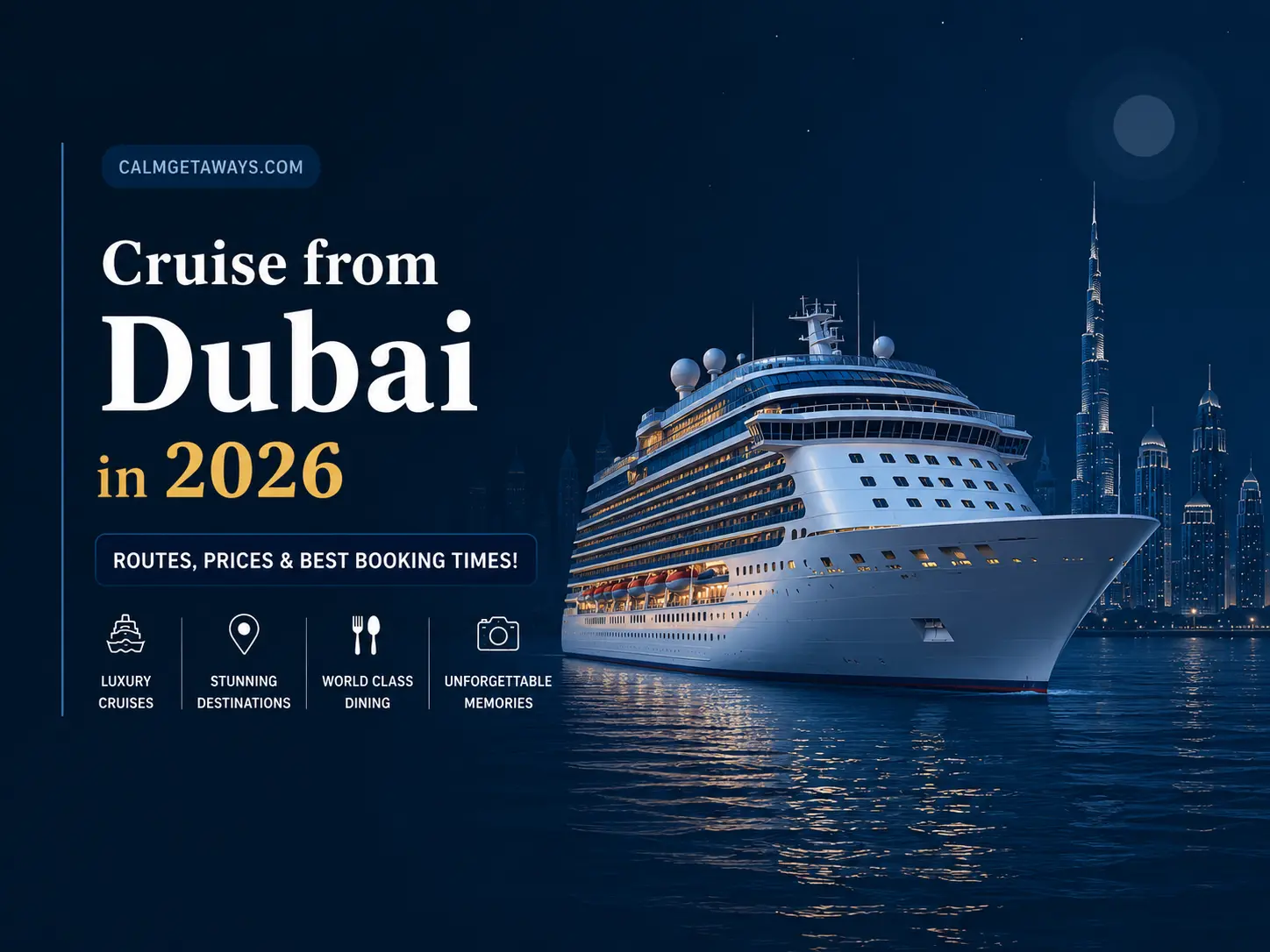 Cruises from Dubai 2026 guide banner with luxury cruise ship and Dubai skyline view.