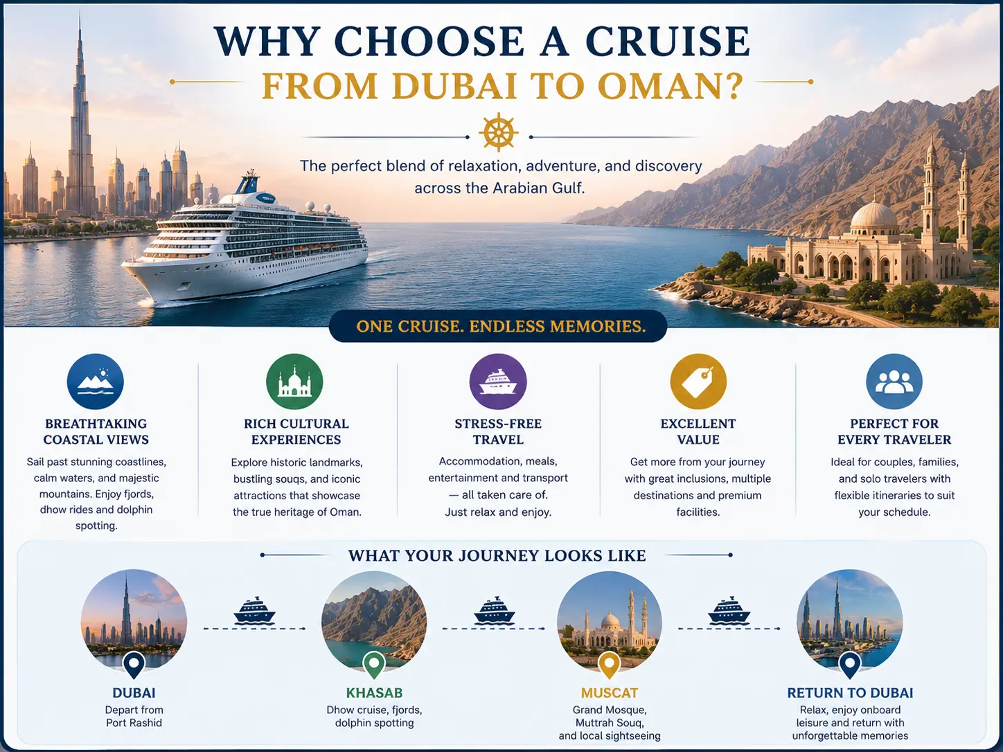  Why choose a cruise from Dubai to Oman — coastal views, Khasab fjords and Muscat landmarks