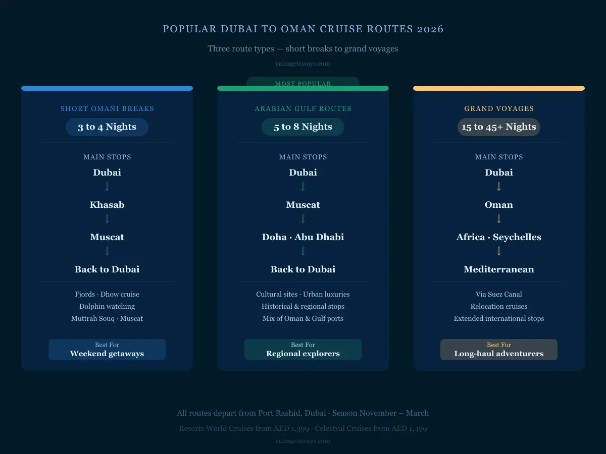 Popular cruise from Dubai to Oman routes 2026 — short breaks, Arabian Gulf and grand voyages