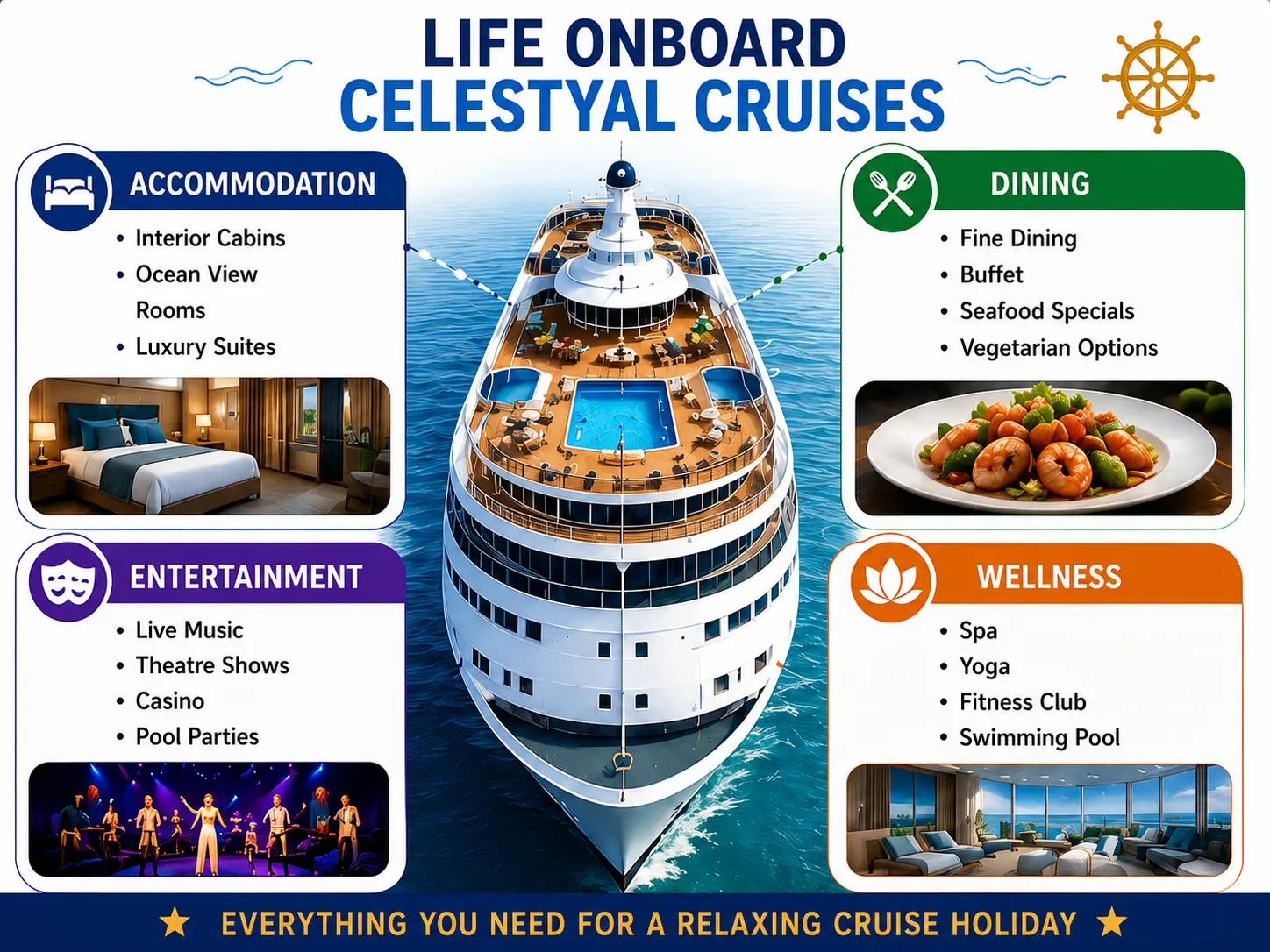 Celestyal Cruises journey ship interior showing rooms, dining, entertainment and wellness areas