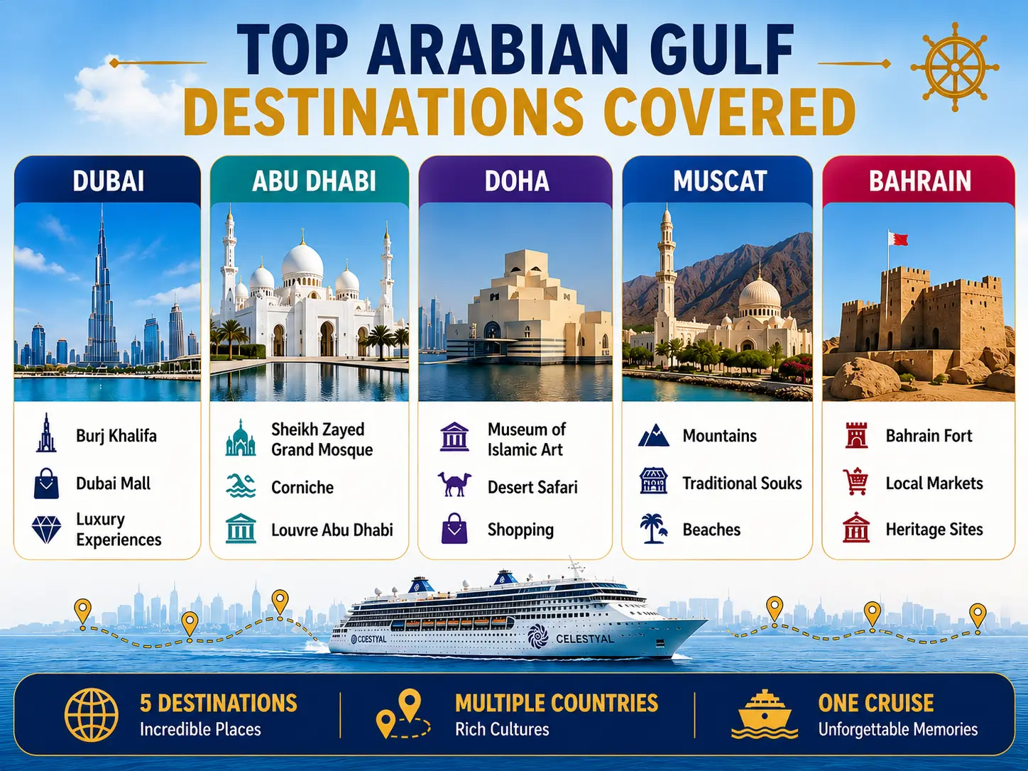 Celestyal Cruises Arabian Gulf destinations: Dubai, Abu Dhabi, Doha, Muscat and Bahrain