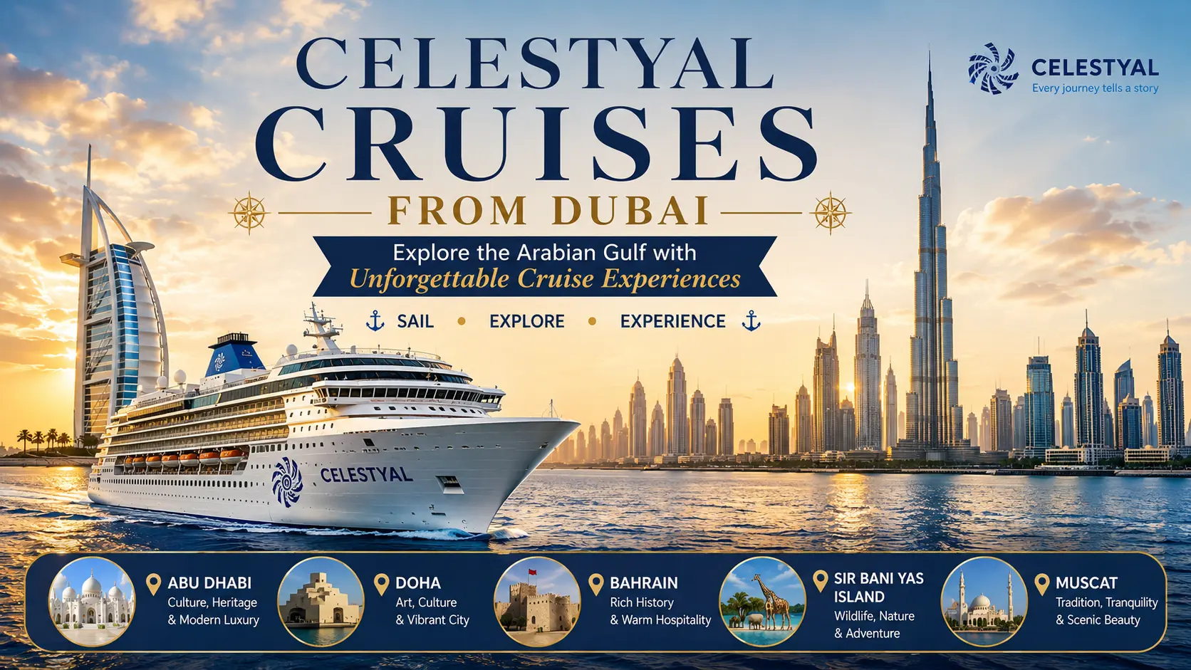 Celestyal Cruises Dubai route map showing Abu Dhabi, Doha, Bahrain and Muscat stops in the Arabian Gulf