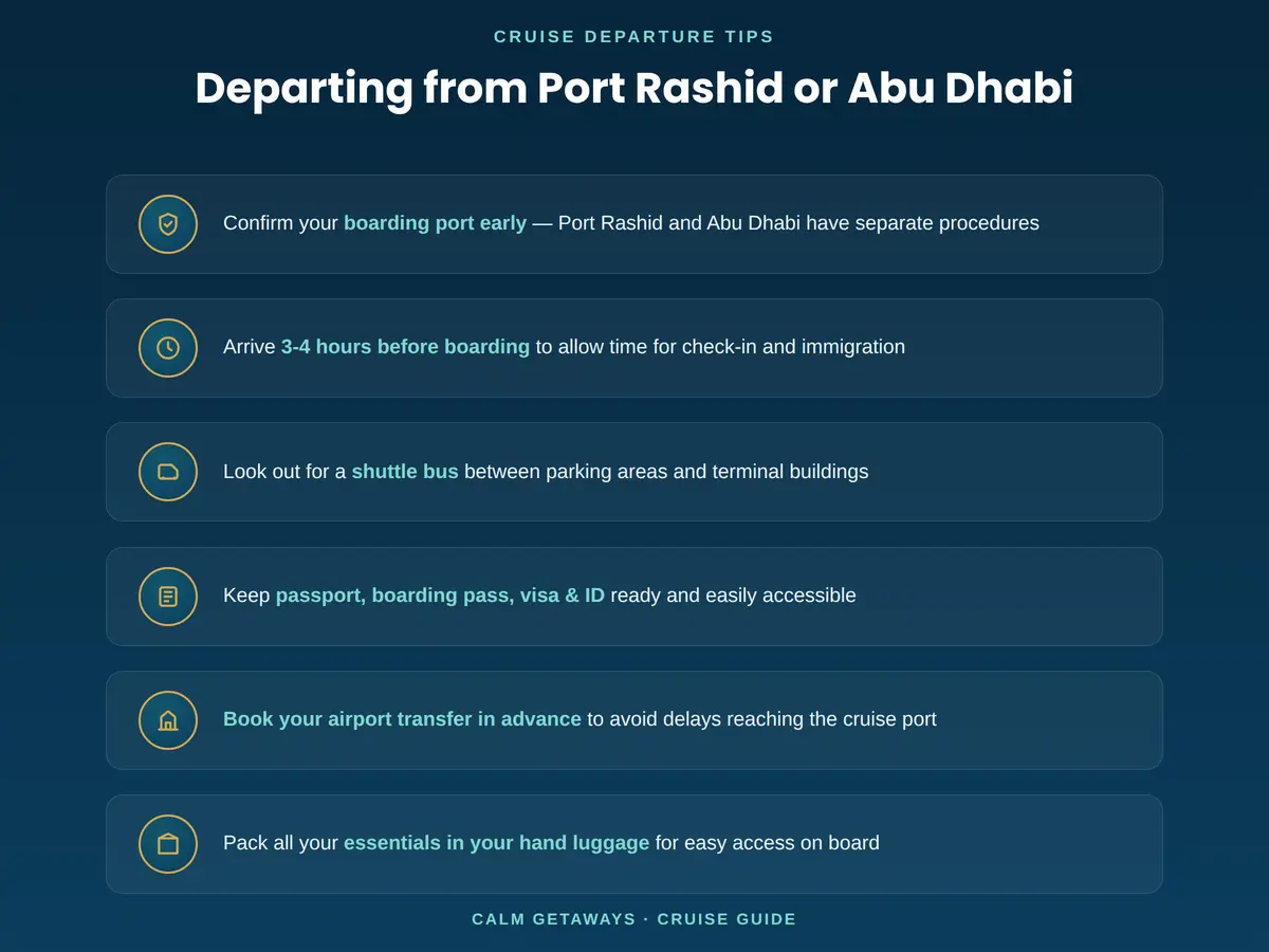 Tips for departing from Dubai Port Rashid Cruise Terminal including shuttle bus service