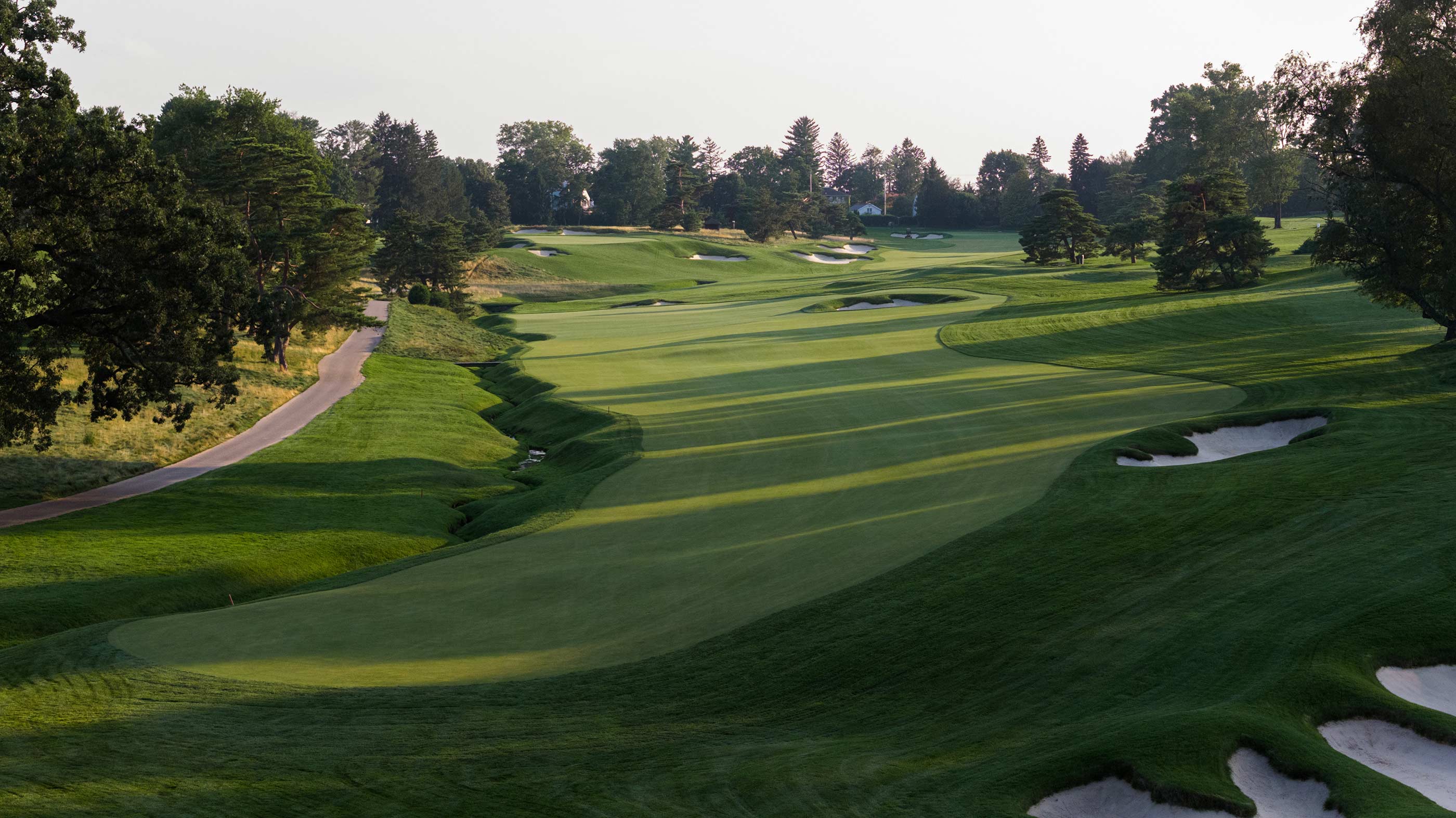 Aerial view of the fifth fairway at Merion East (Fried Egg Golf)