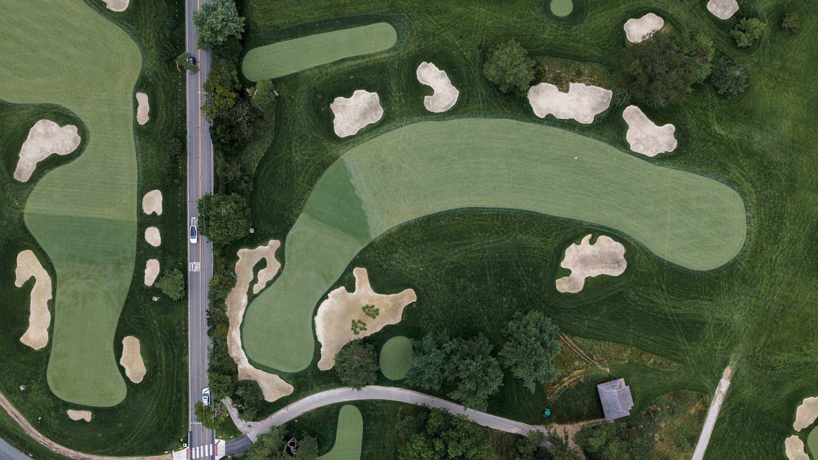 High above Nos. 1 (left) and 10 (right) at Merion East (Fried Egg Golf)