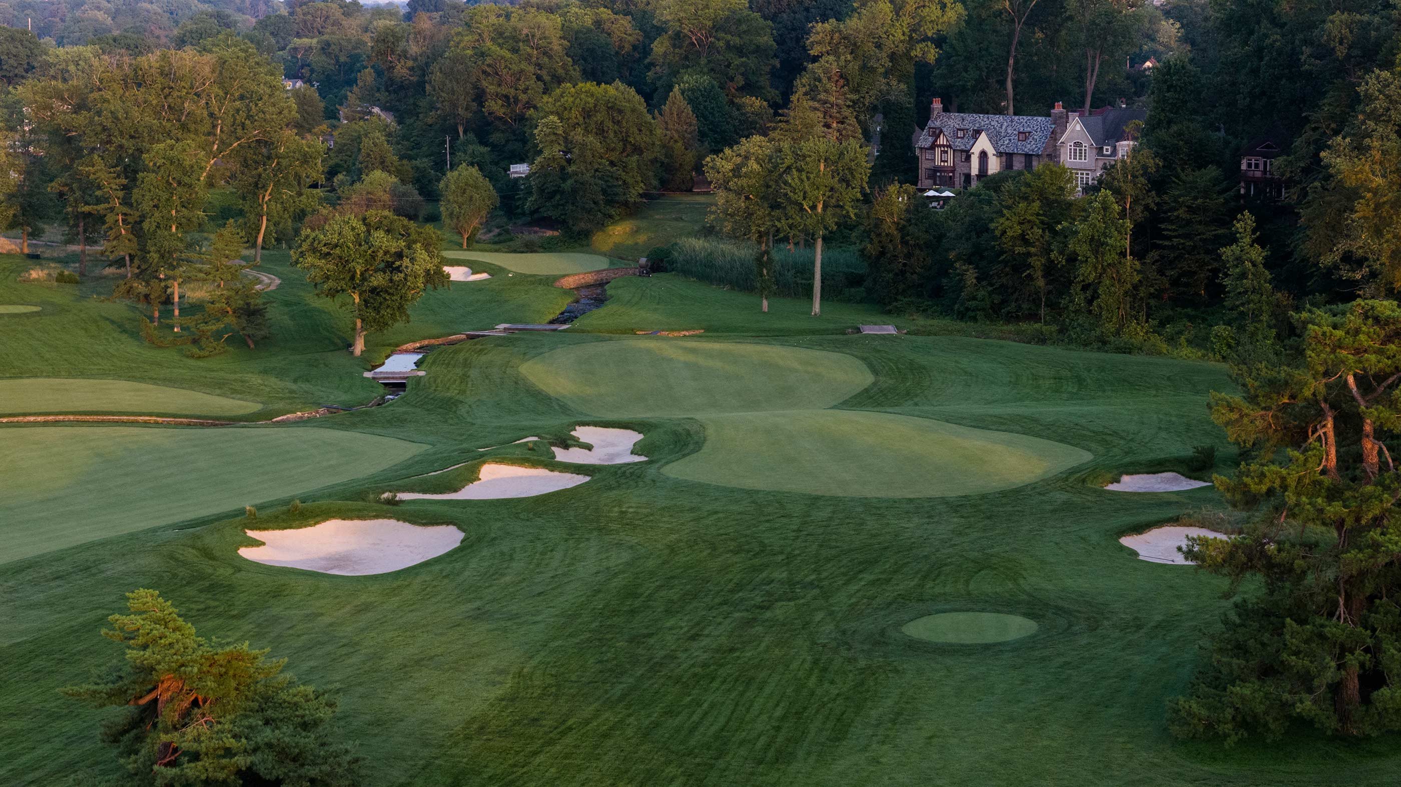 Aerial view of the 11th hole at Merion East (Fried Egg Golf)