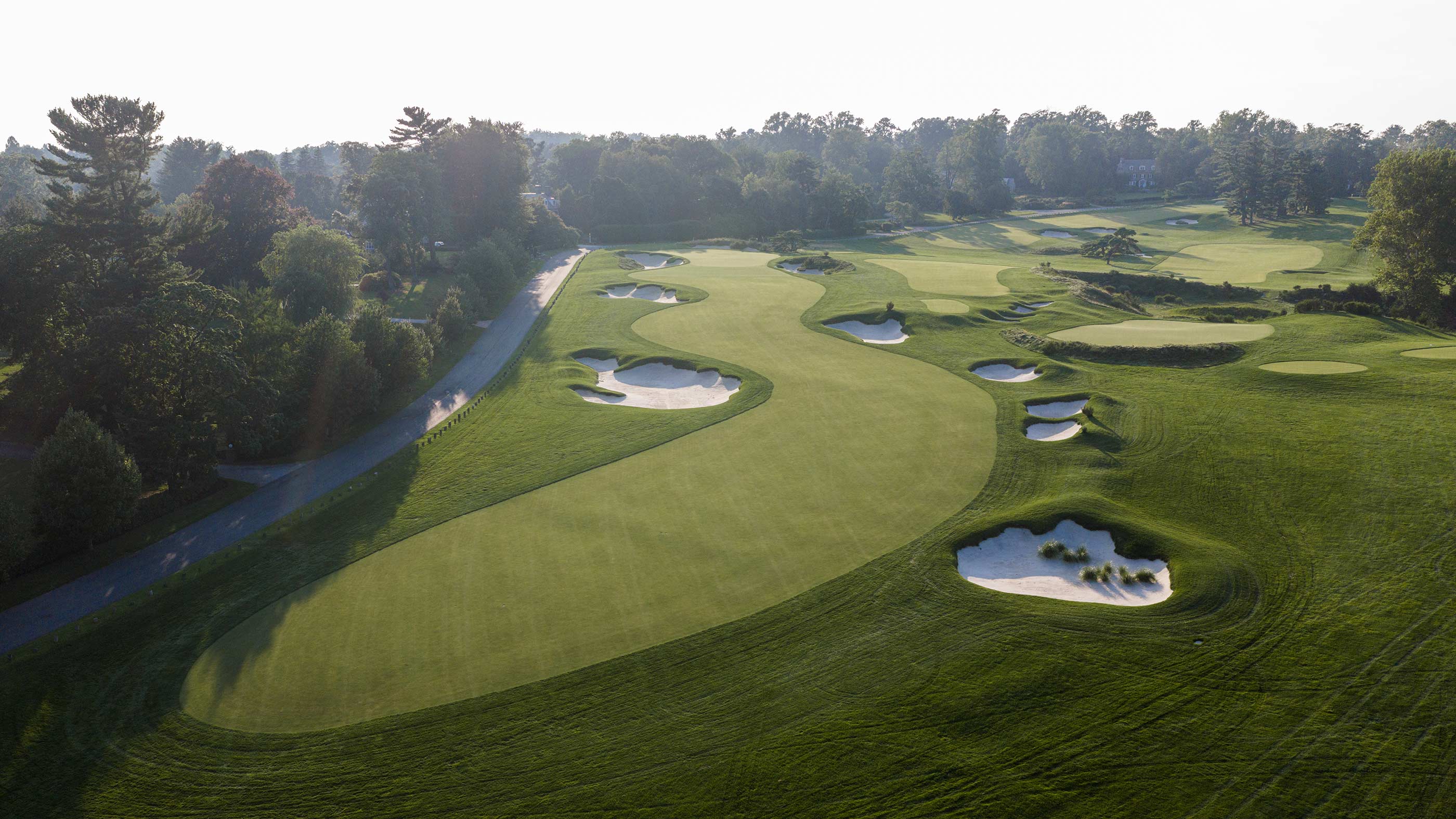 Aerial view of the 14th fairway at Merion East (Fried Egg Golf)