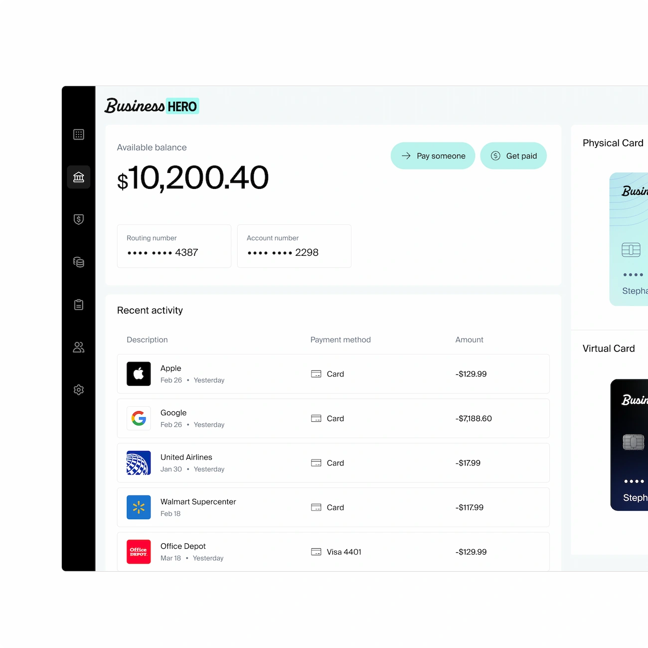 A preview of the banking dashboard within the Unit portal