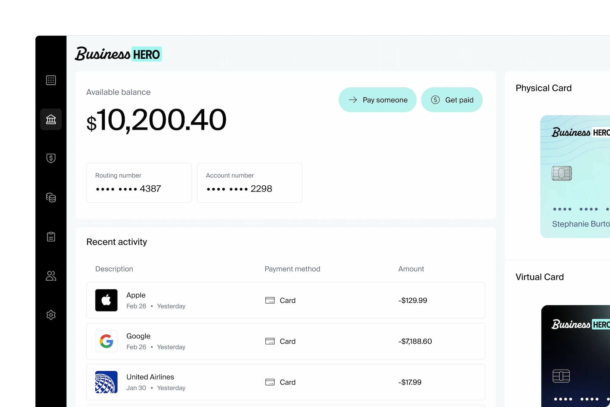 A preview of the banking dashboard within the Unit portal