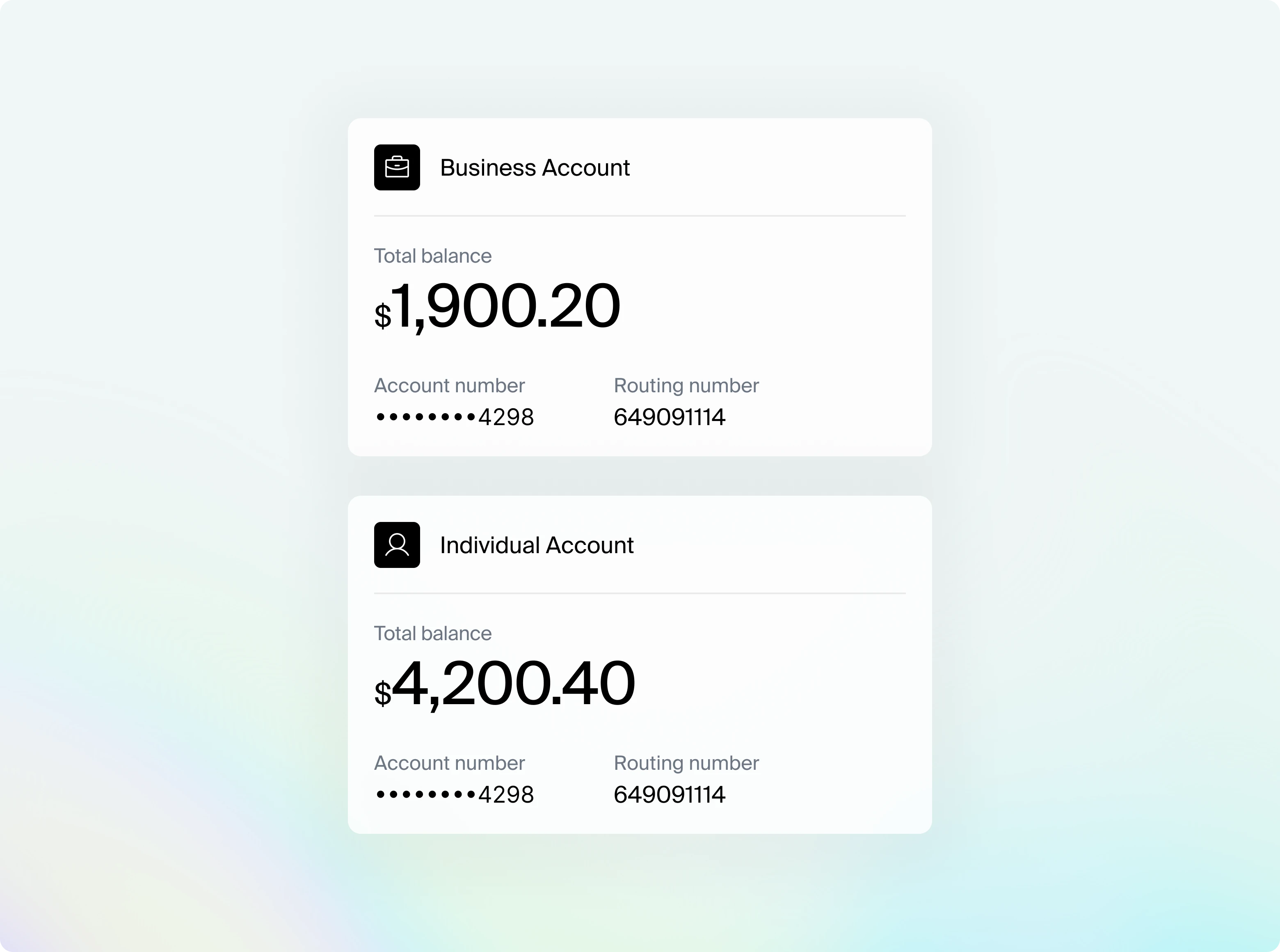 Two account summaries showing a business account with a $1,900.20 balance and an individual account with a $4,200.40 balance, both with partially hidden account numbers ending in 4298 and routing number 649091114.