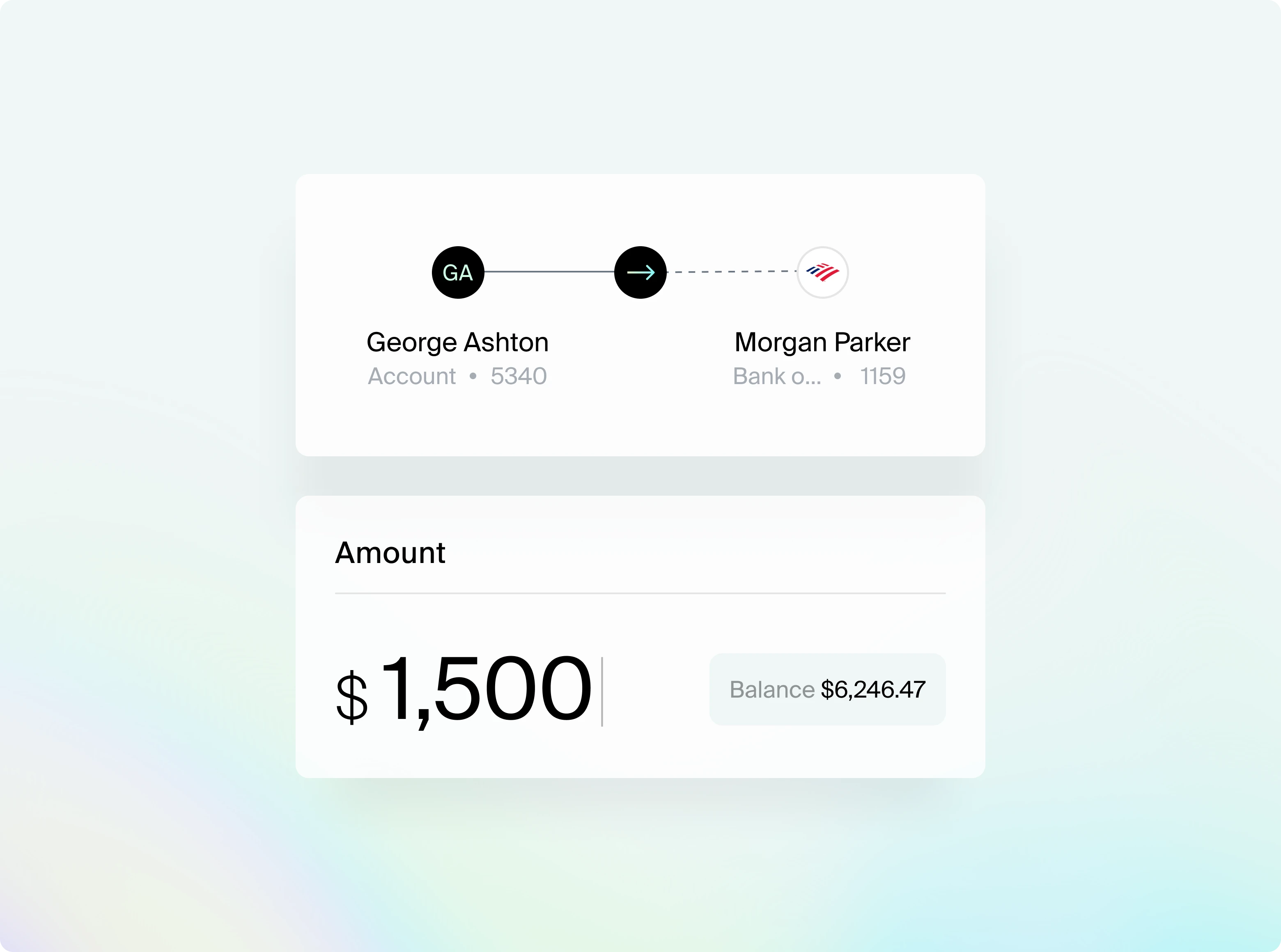 Bank transfer interface showing $1,500 transferring from George Ashton's account ending 5340 to Morgan Parker's bank account ending 1159 with a $6,246.47 balance.