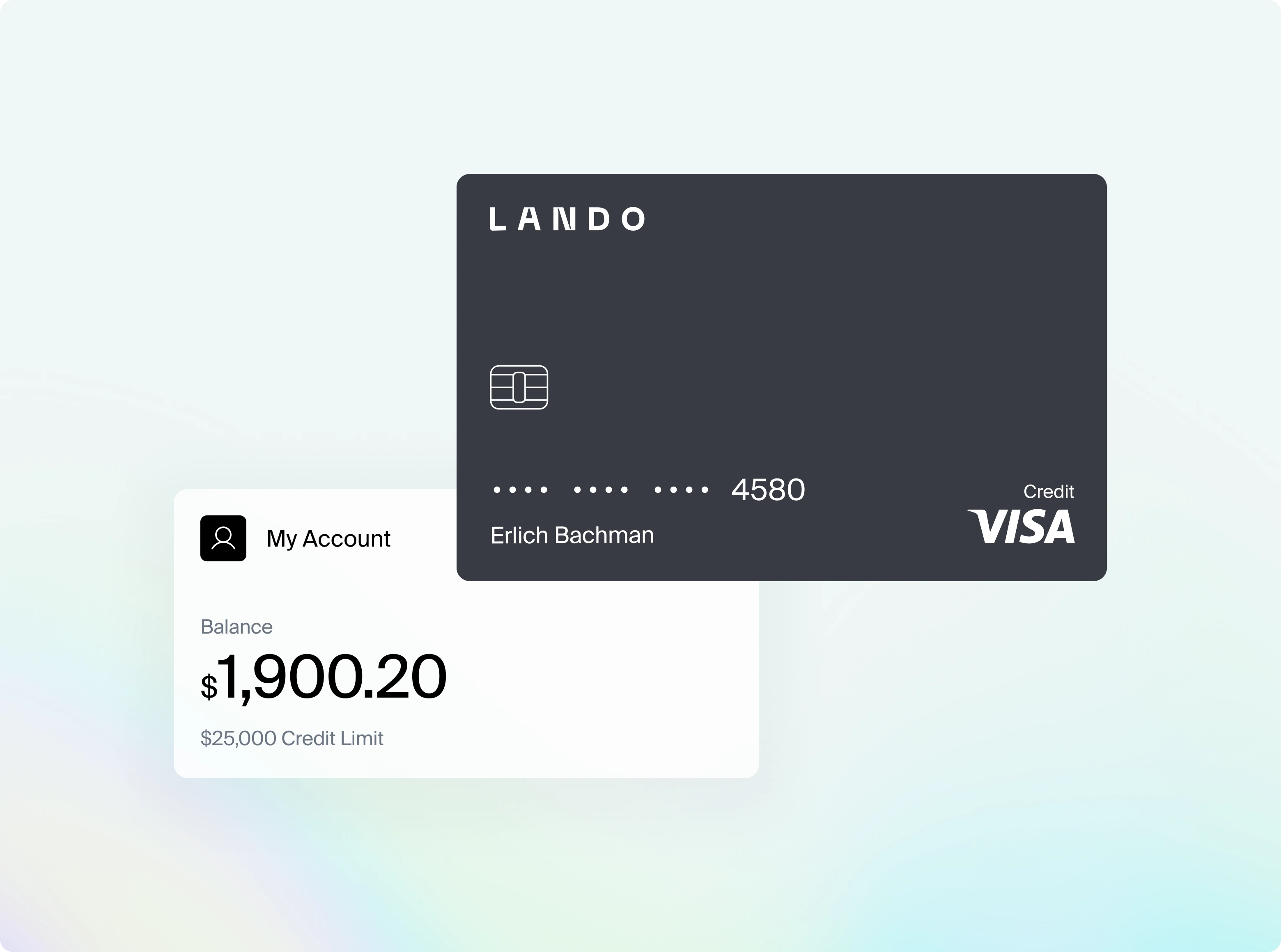 Dark gray LANDO credit card with partial number 4580 and name Erlich Bachman, displayed next to an account balance of $1,900.20 with a $25,000 credit limit.