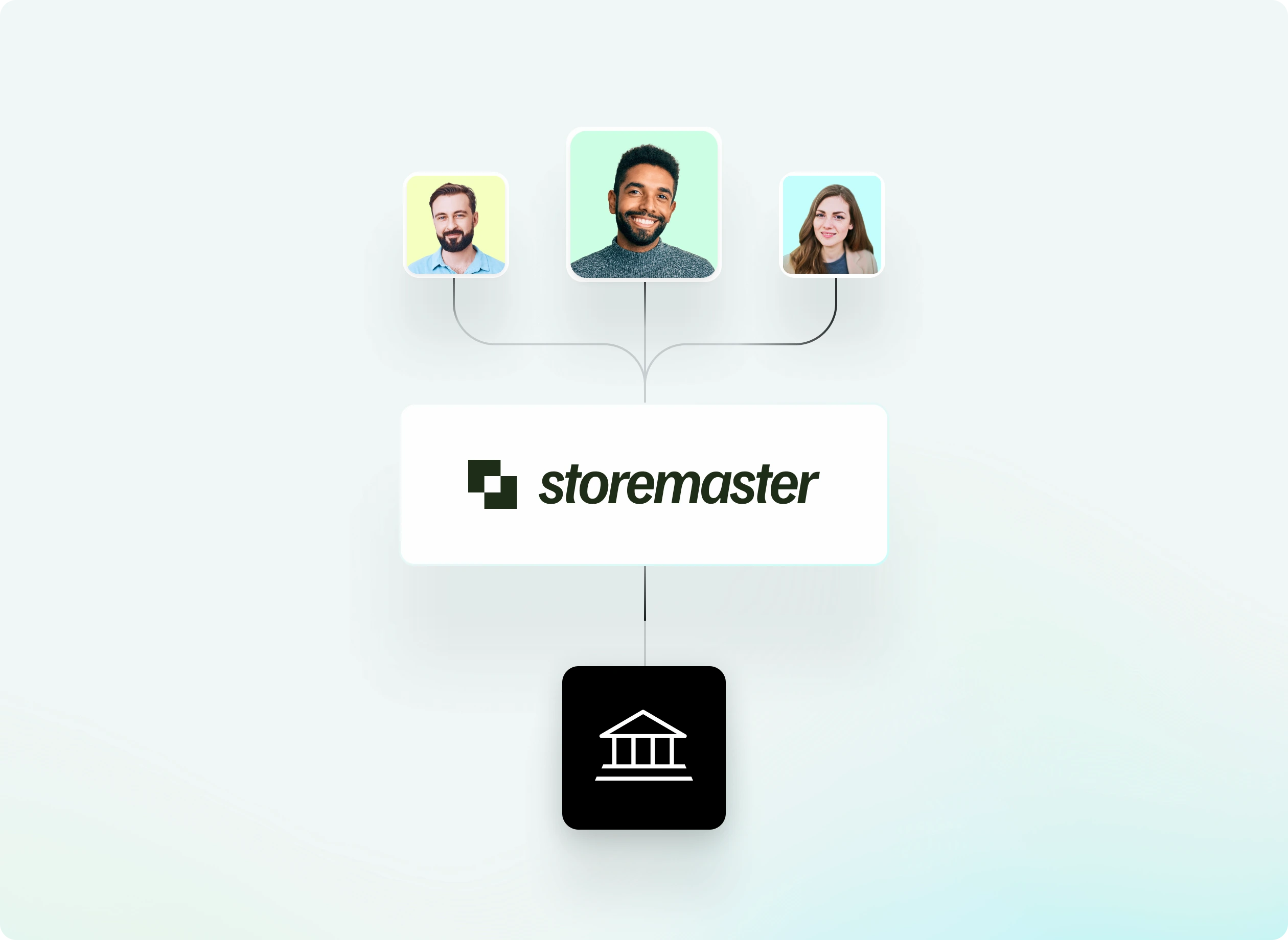 Three diverse people connected to the Storemaster logo, which is linked to a bank icon below.