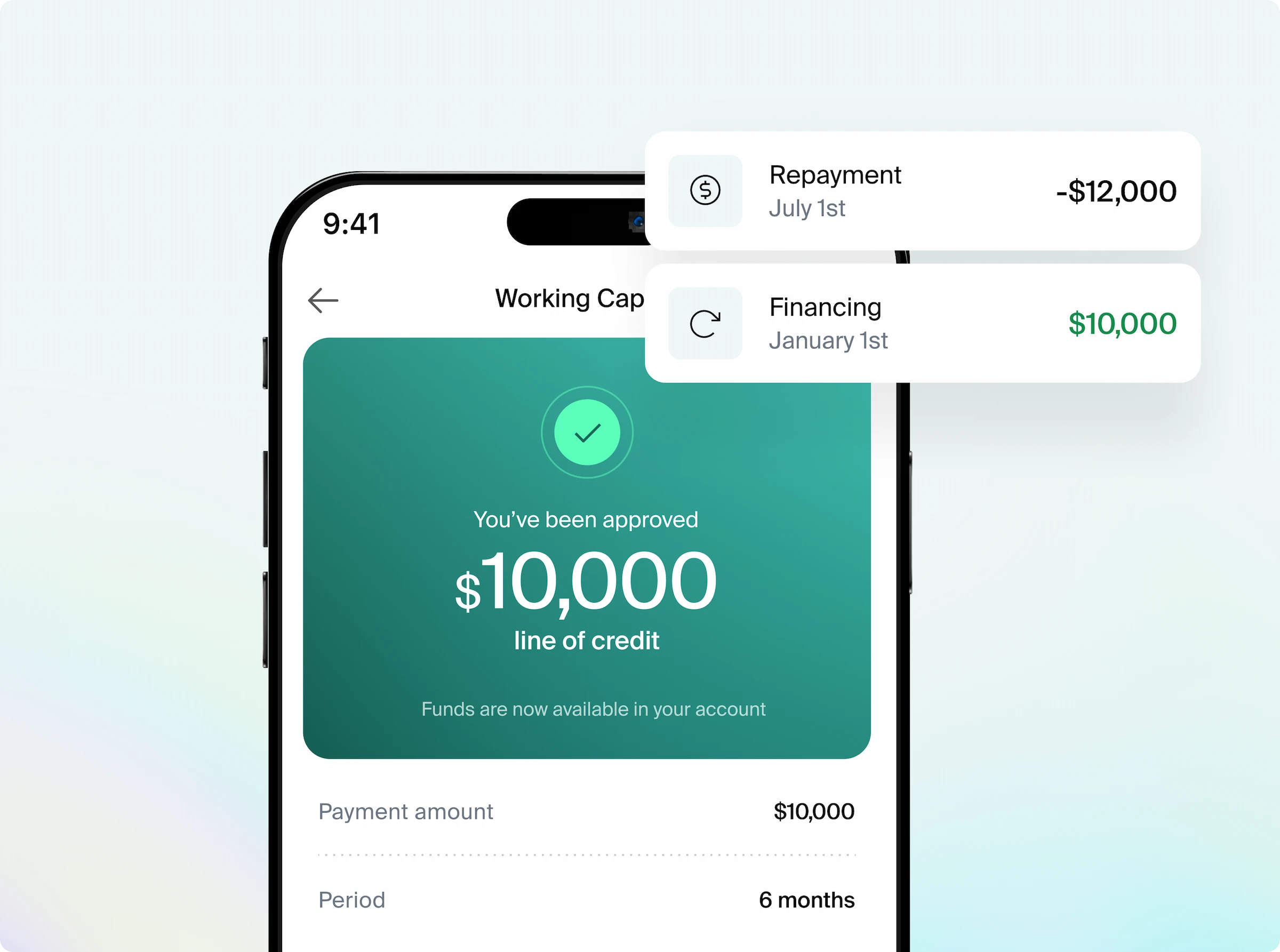 Mobile screen showing approval for a $10,000 line of credit with payment amount $10,000 over 6 months; repayment of $12,000 due July 1st and financing of $10,000 on January 1st.
