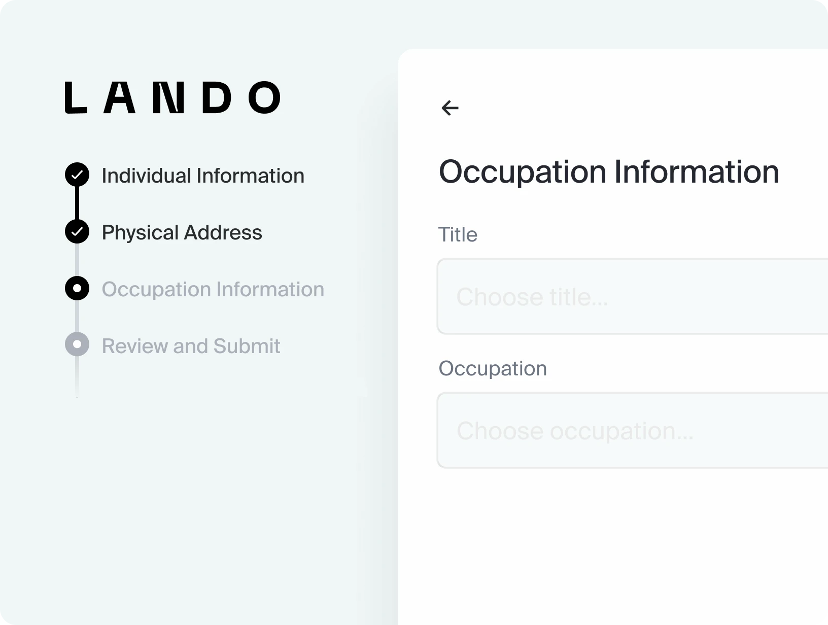 Form interface showing step progress with completed Individual Information and Physical Address, current step Occupation Information with fields for Title and Occupation dropdowns.
