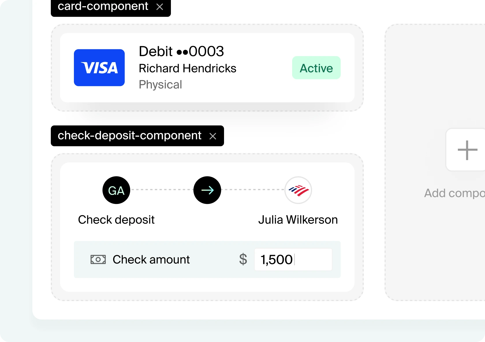 Card component showing a Visa debit card for Richard Hendricks with the status Active, and a check deposit component from GA to Julia Wilkerson with a check amount of $1,500.