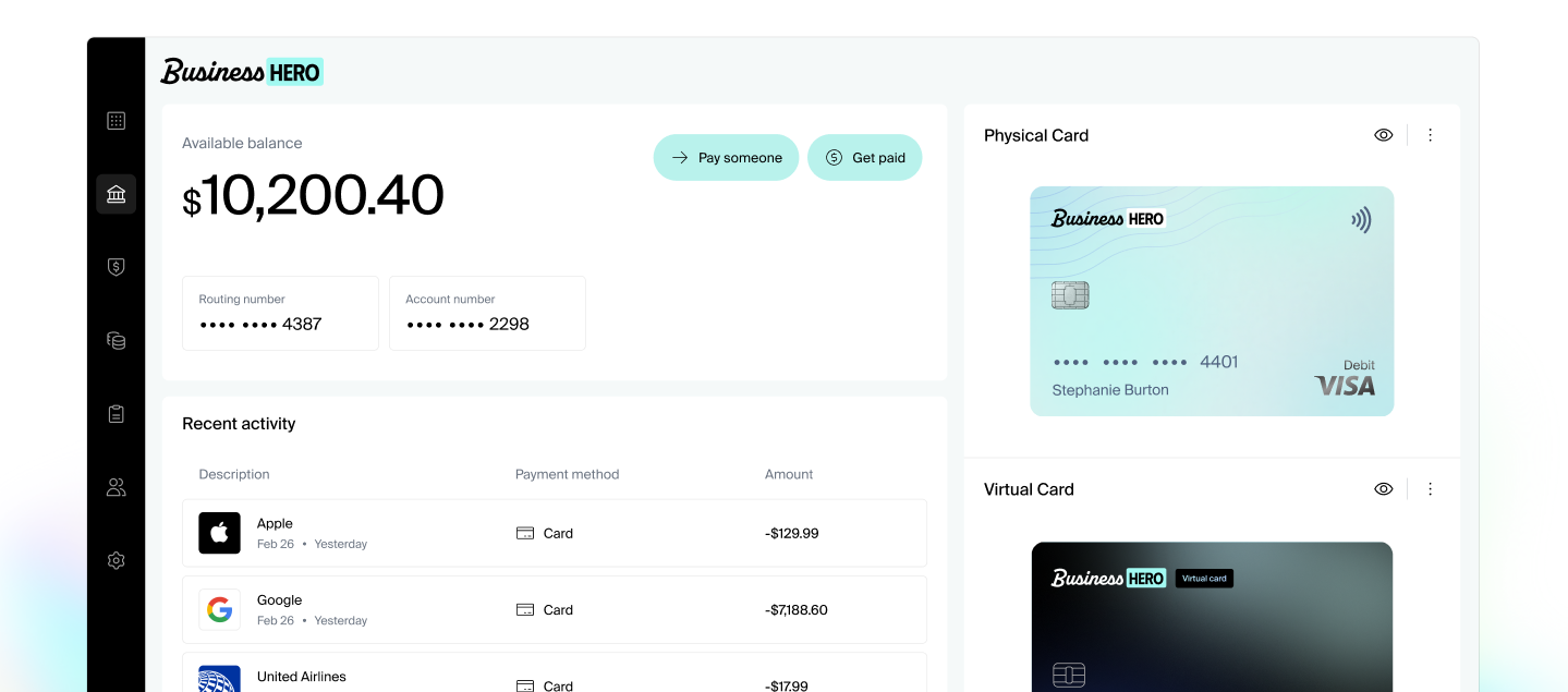 Dashboard showing an embedded banking interface connected to real-time accounting, with account balance, recent transactions, and a live profit and loss statement updating as money moves.