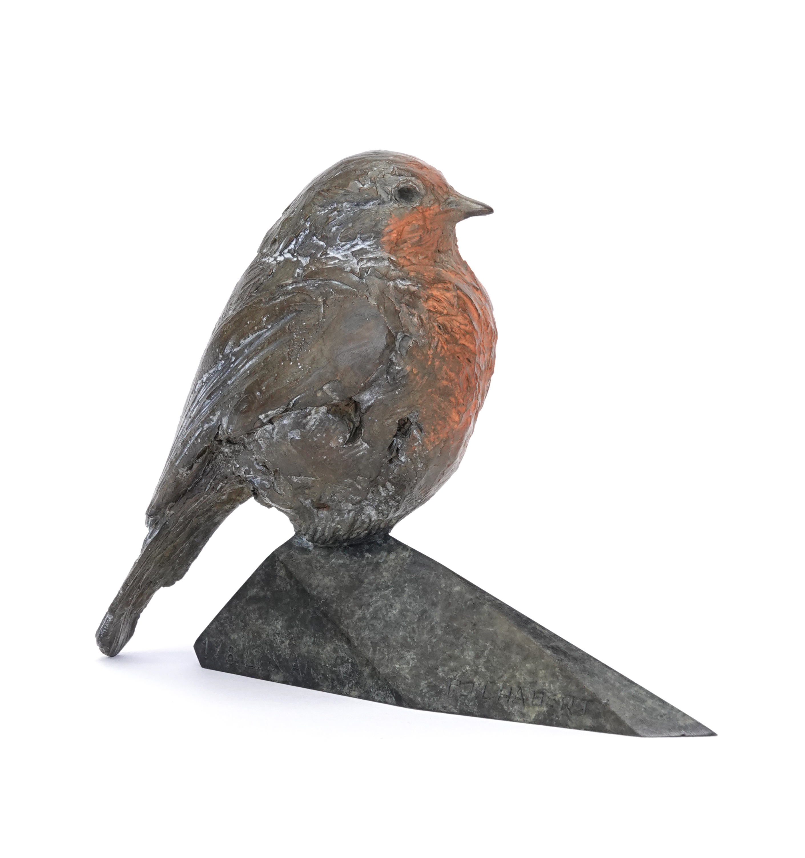Bronze animal sculpture of a robin with red breast on geometric base, by wildlife sculptor Pierre-Jean Chabert.