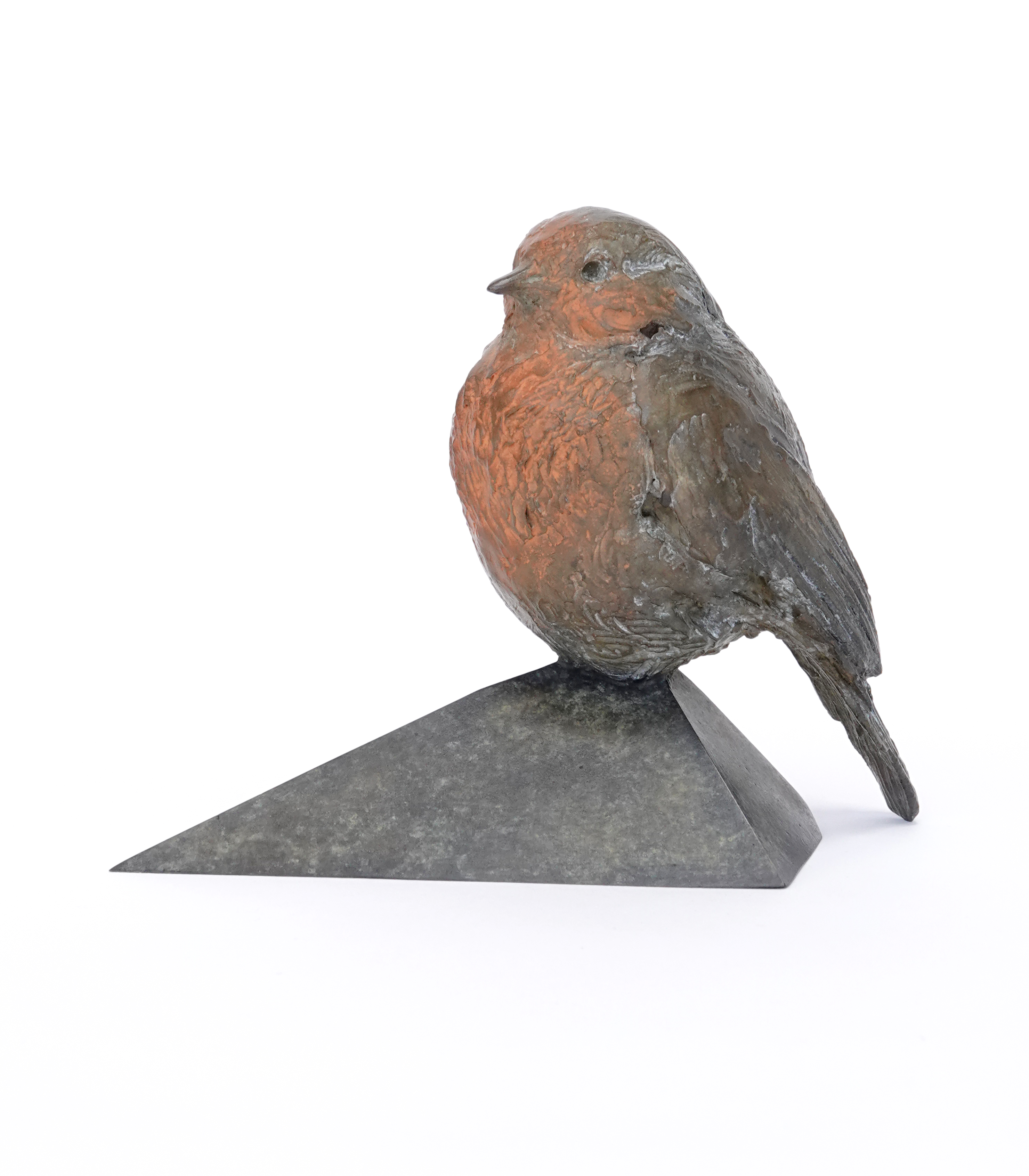 Bronze animal sculpture of a robin with red breast on geometric base, by wildlife sculptor Pierre-Jean Chabert.