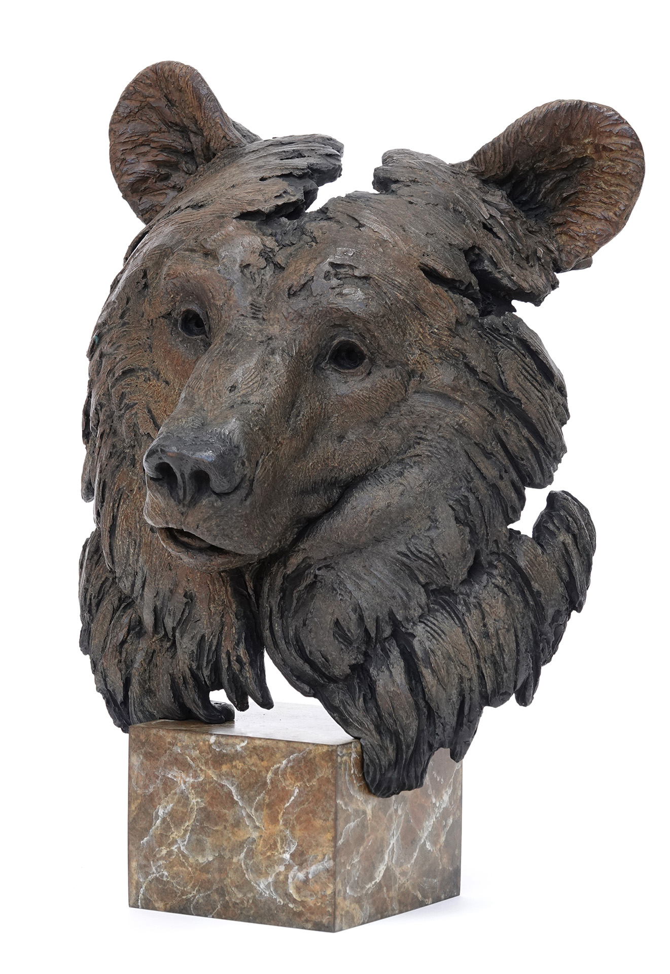 Bronze animal sculpture of a bear head on marble base, by wildlife sculptor Pierre-Jean Chabert.