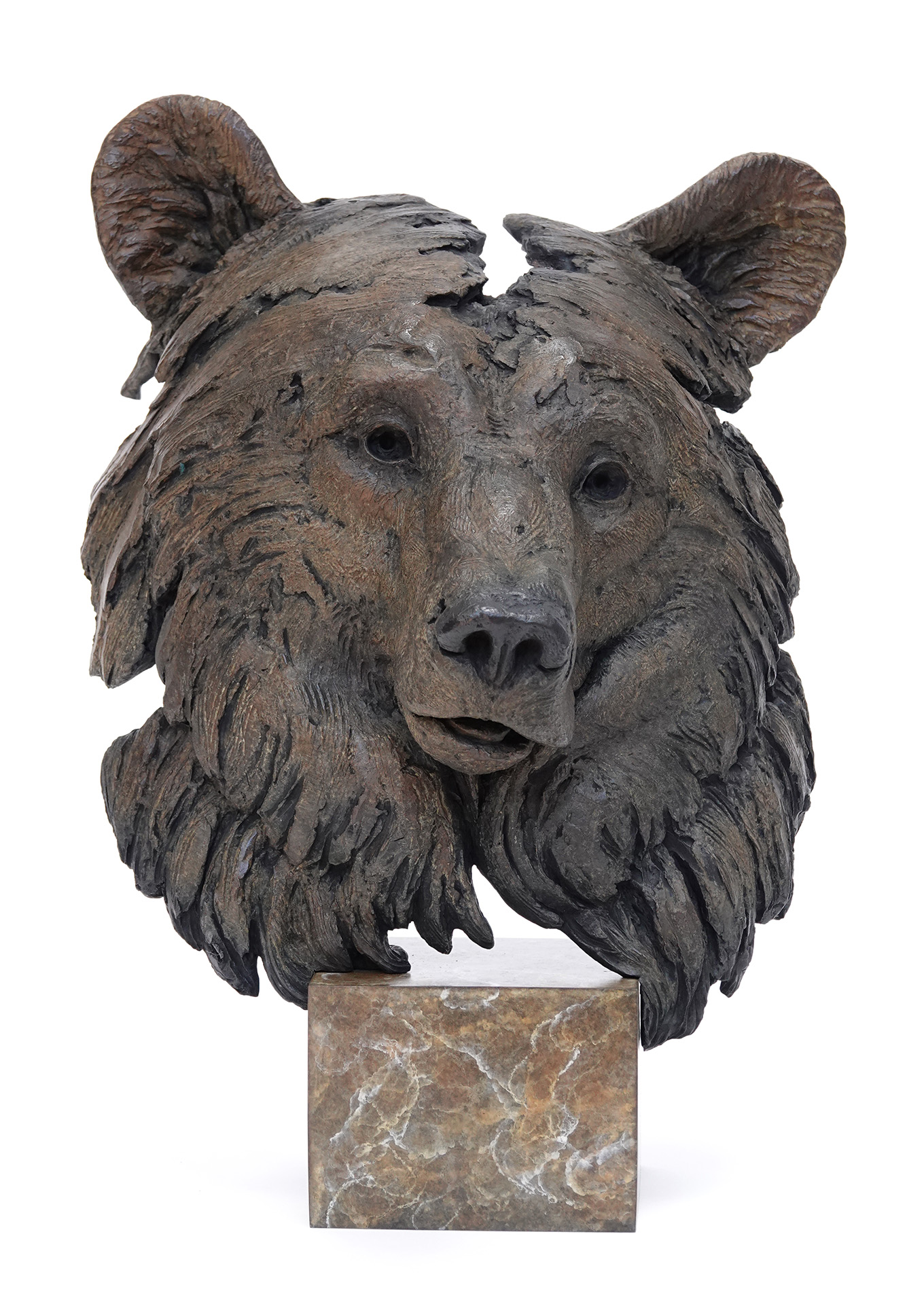 Bronze animal sculpture of a bear head on marble base, by wildlife sculptor Pierre-Jean Chabert.