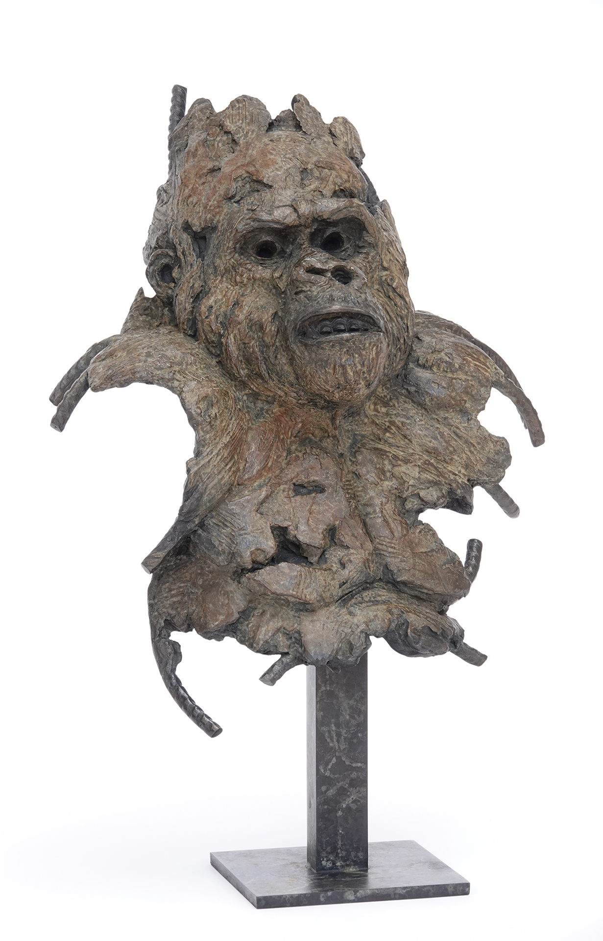 Bronze animal sculpture of a gorilla head on a metal stand, by wildlife sculptor Pierre-Jean Chabert.