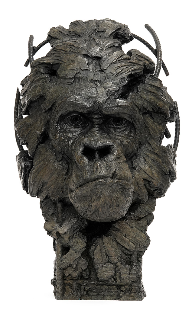 Bronze animal sculpture of a gorilla on textured base, by wildlife sculptor Pierre-Jean Chabert.