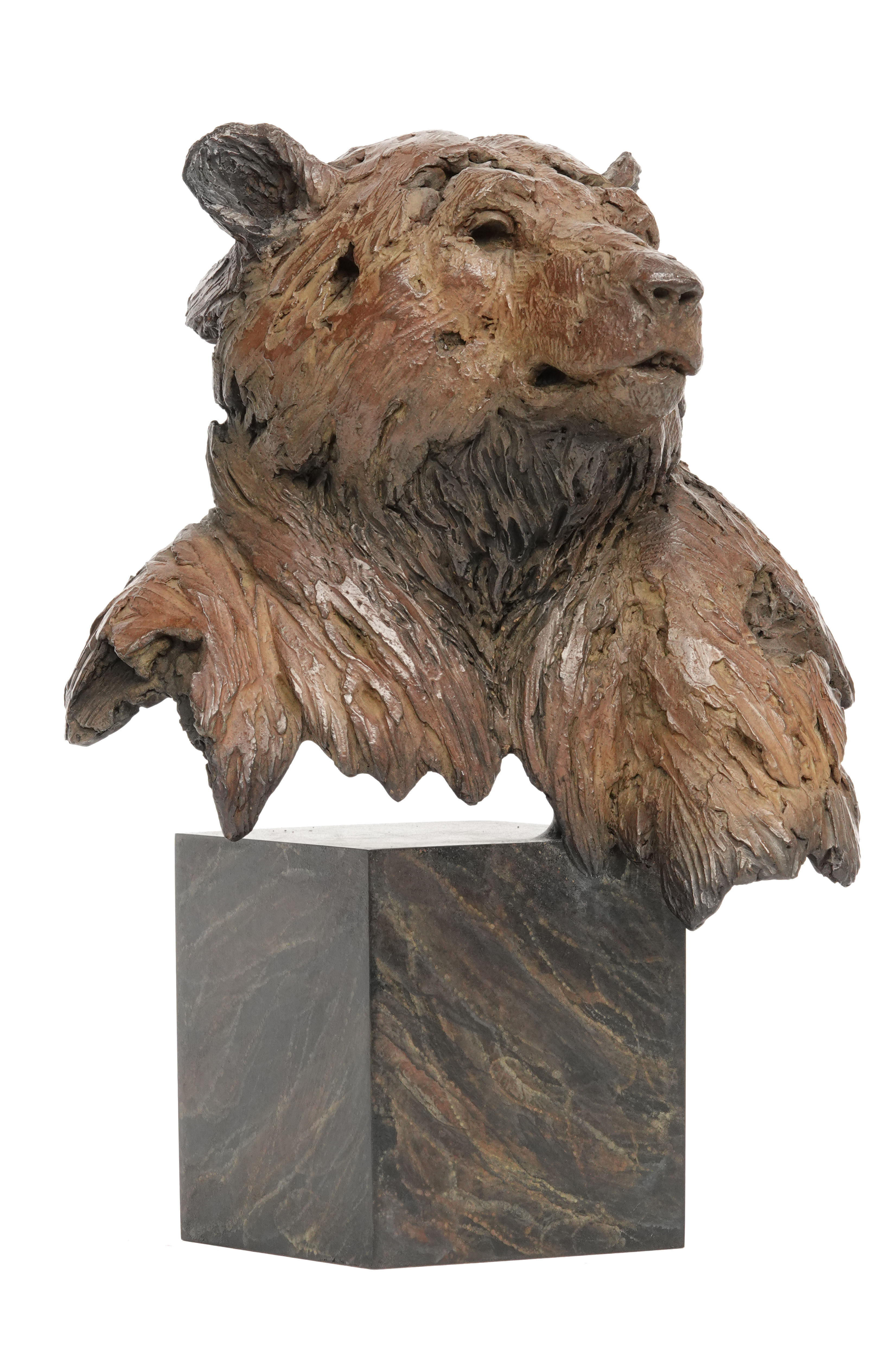 Buste d’ours en bronze par Pierre-Jean Chabert – A captivating wildlife sculpture depicting a bear in a majestic posture. Détails texturés et expressivité saisissante subliment la puissance et la noblesse de l’animal. A unique artwork crafted by a sculptor specialized in wildlife art.