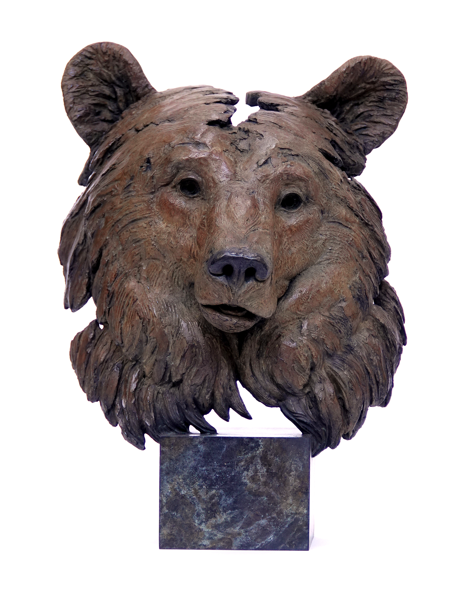 Bronze animal sculpture of a bear head on marble base, by wildlife sculptor Pierre-Jean Chabert.