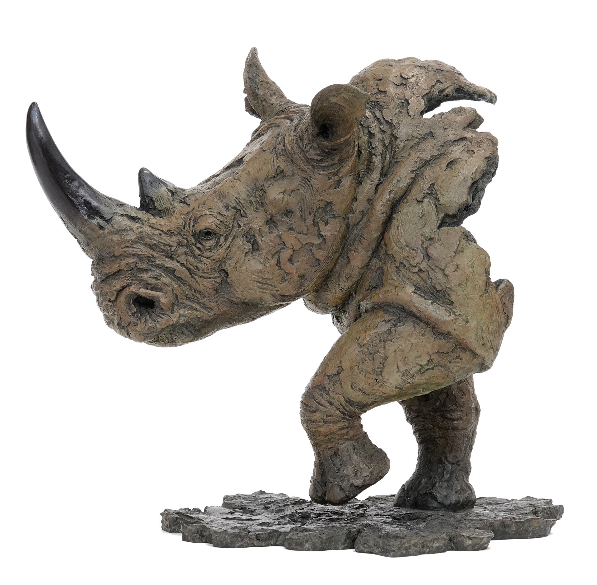 Sculpture en bronze intitulée Rhino Blanc par Pierre-Jean Chabert représentant un rhinocéros en mouvement, capturant la puissance et la majesté de cet animal sauvage. Bronze sculpture titled Rhino Blanc by Pierre-Jean Chabert depicting a rhinoceros in motion, capturing the power and majesty of this wild animal.