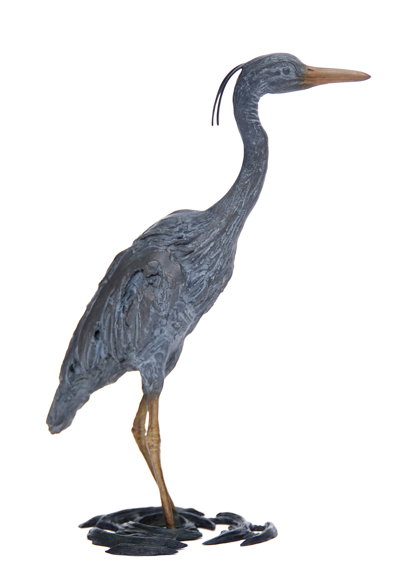 Bronze heron sculpture by Pierre-Jean Chabert inspired by Loire river wildlife, textured animal artwork on neutral background