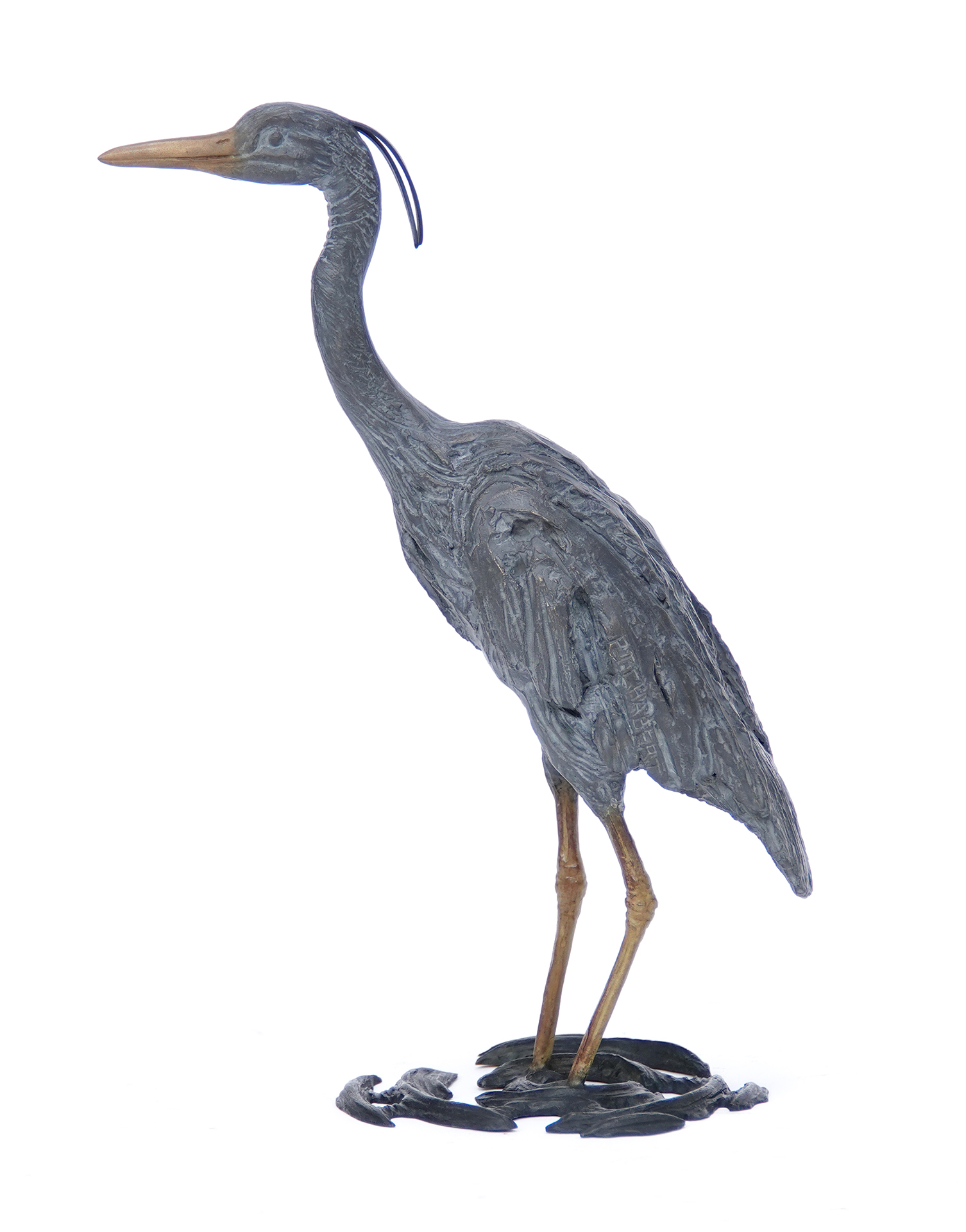Contemporary bronze heron sculpture by Pierre-Jean Chabert, elegant bird animal artwork with long neck and detailed texture