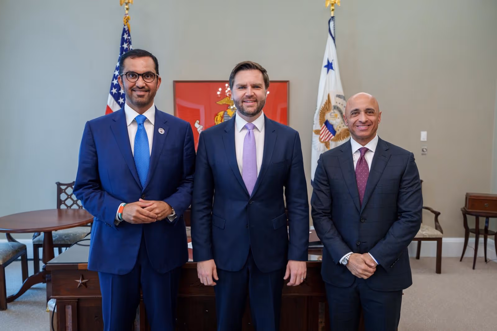 US Vice President JD Vance meeting with UAE officials Sultan Al Jaber and Yousef Al Otaiba at White House