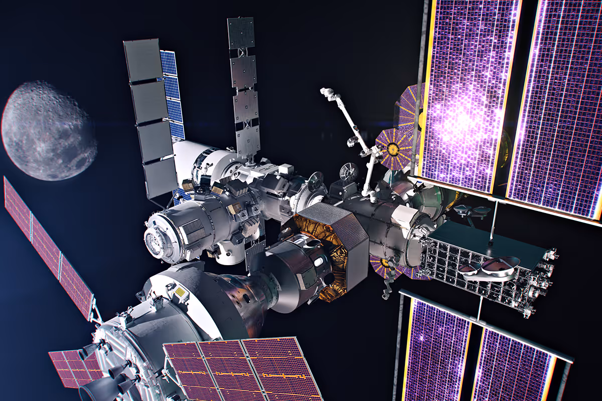 Rendering of NASA’s Lunar Gateway lunar-orbiting station featuring the UAE-built airlock module.
