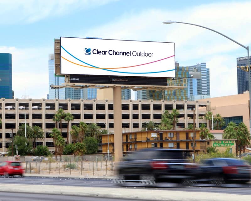 Digital billboard display from Clear Channel Outdoor, highlighting the company’s nationwide out-of-home advertising network.