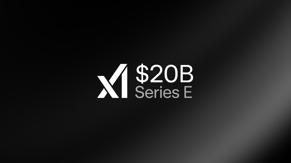 Promotional graphic from xAI announcing its Series E funding round, featuring bold text highlighting the $20 billion raise and branding elements associated with xAI.