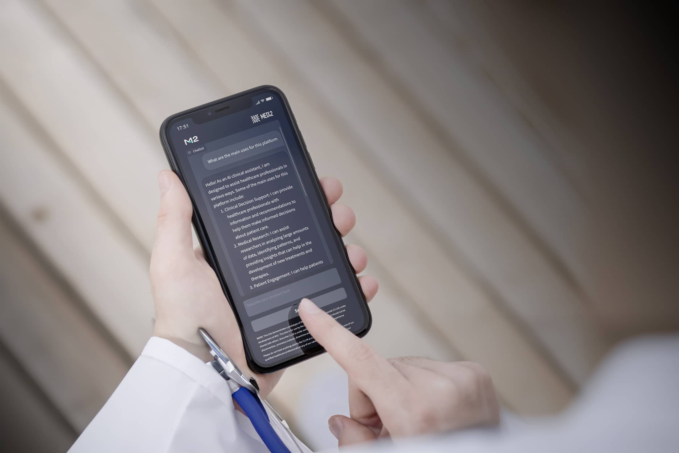 M42's Med42 clinical AI chatbot displayed on a smartphone, providing healthcare information and medical decision-support guidance.