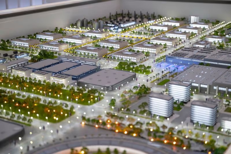 Architectural model of 5GW UAE-US AI Campus in Abu Dhabi featuring data centers and sustainable infrastructure